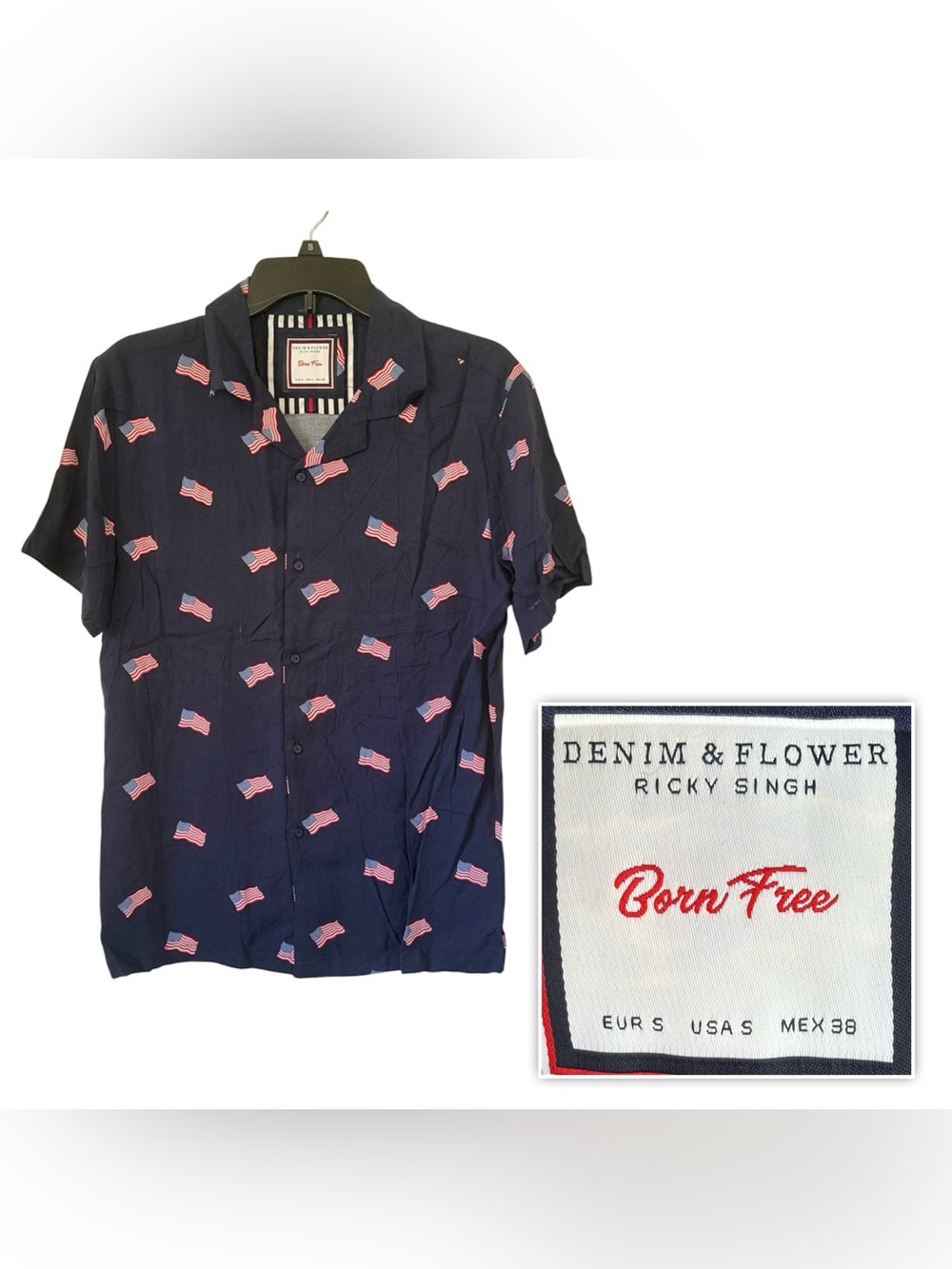 NEW Denim & Flower Ricky Singh Navy Short Sleeve Camp Shirt USA Flag Print